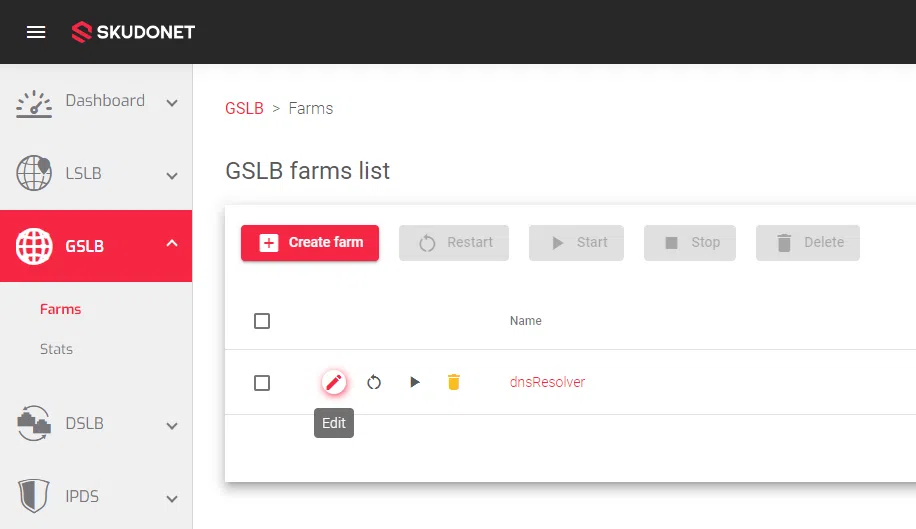 Edit Edit GSLB Farms
