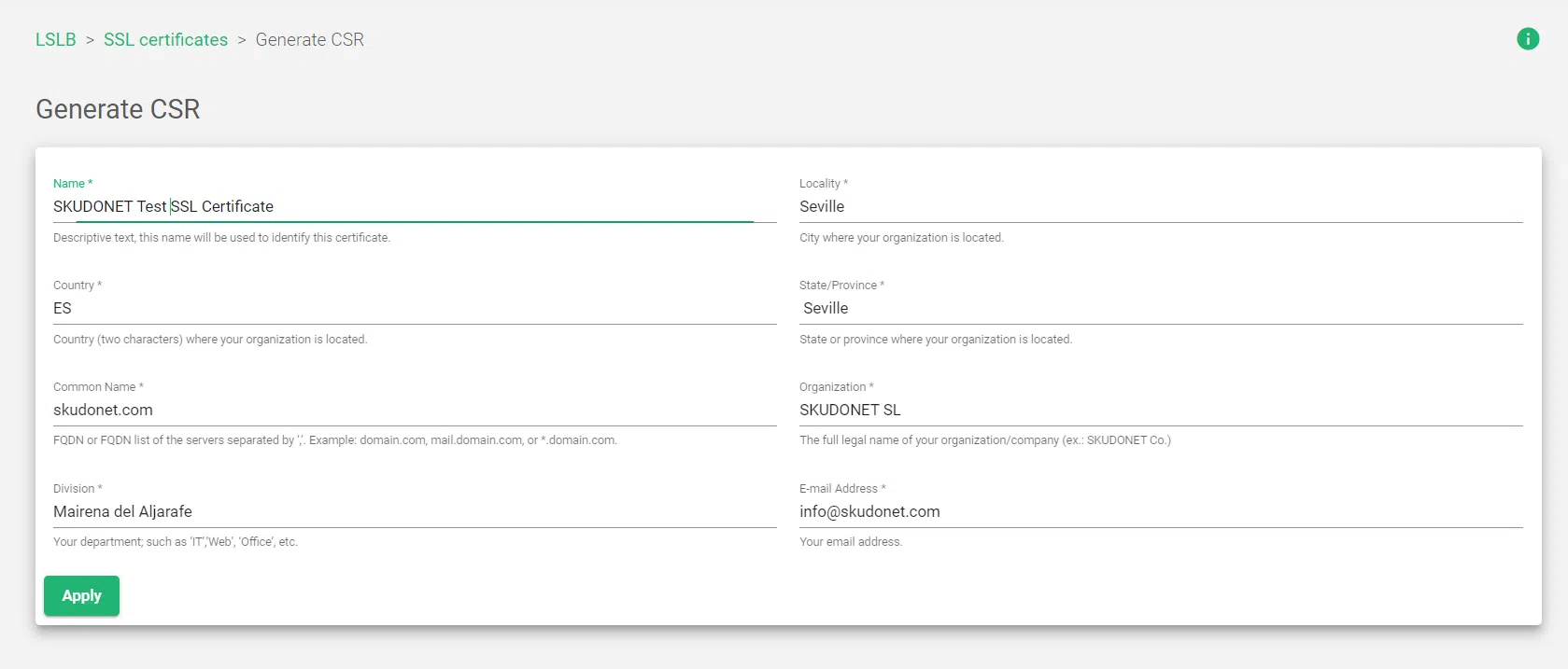 Generate a CSR file in SKUDONET ADC