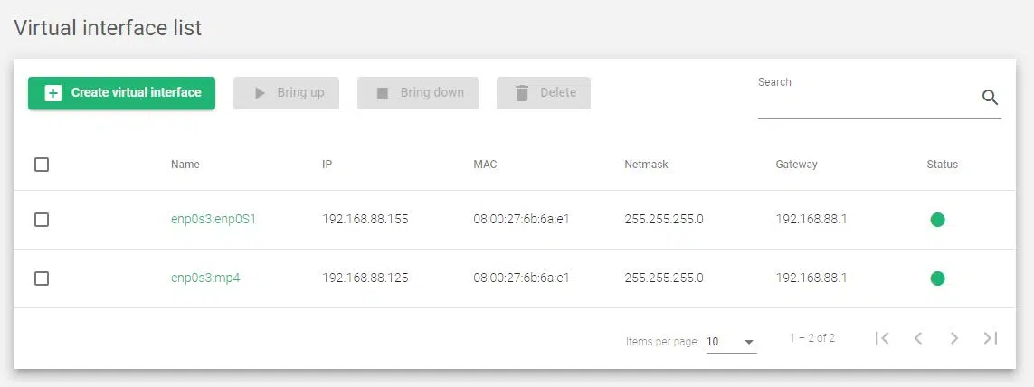 Skudonet network virtual interfaces list