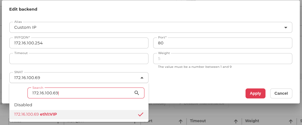 Edit backend dialog with the SNAT dropdown open, showing 172.16.100.69 (eth1:VIP) and Disabled